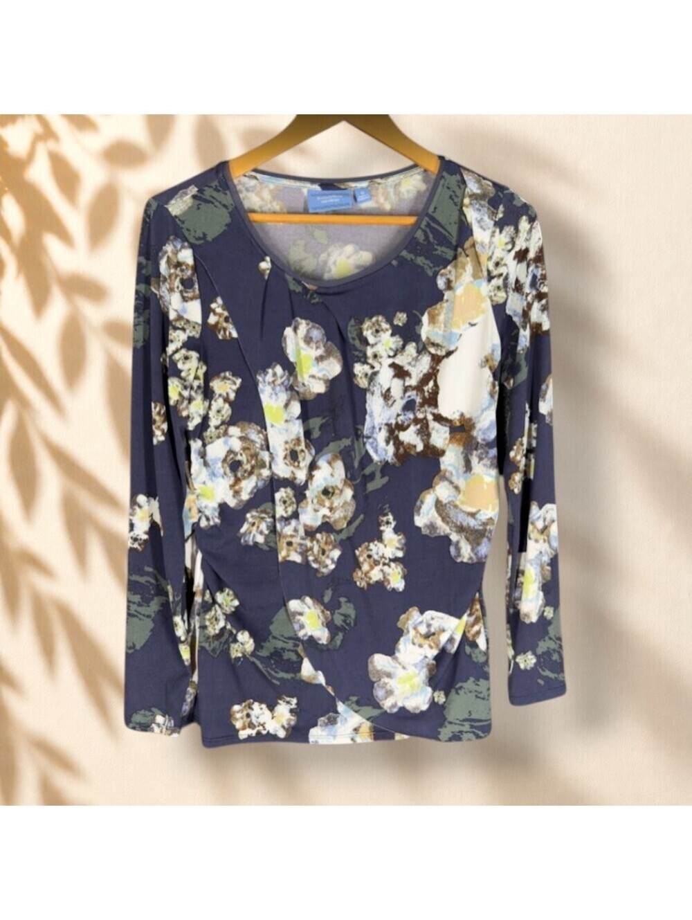 Simply Vera Vera Wang Blouse Women M Medium Blue Floral Long Sleeve Casual